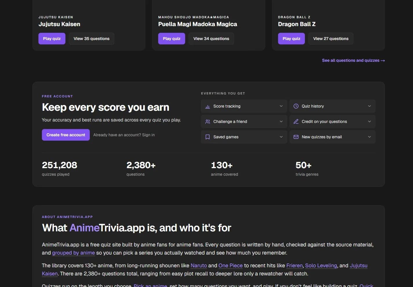 AnimeTrivia.app account-benefits panel showing score tracking, quiz history, challenges, contributor credit, saved games, and library totals