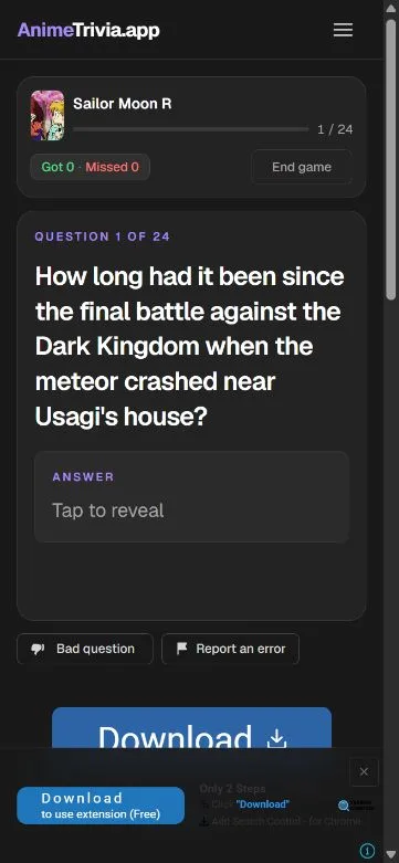 Mobile active quiz showing the current Sailor Moon R question and answer reveal control