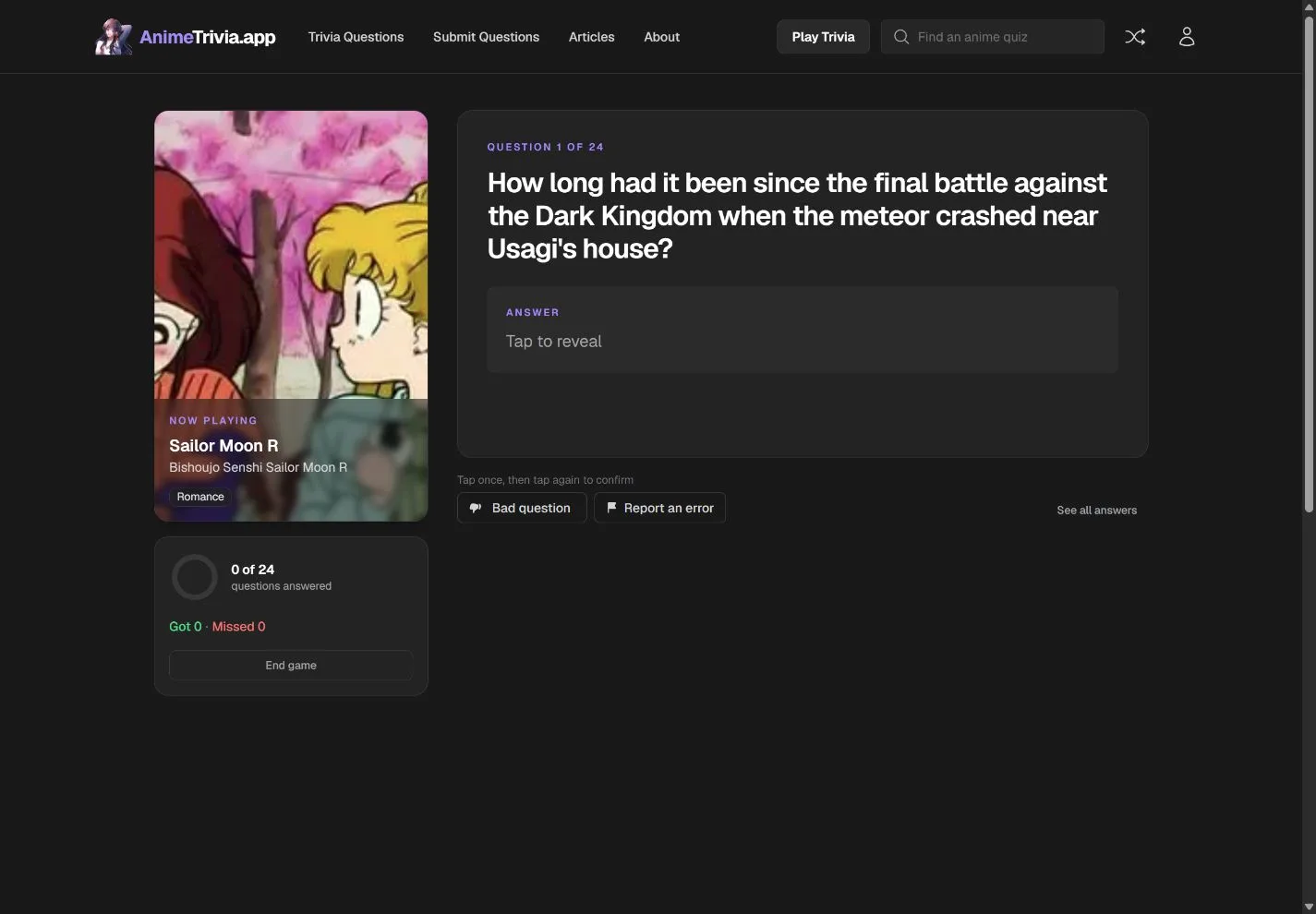 Active Sailor Moon R quiz showing the current question, answer reveal, progress, and feedback controls