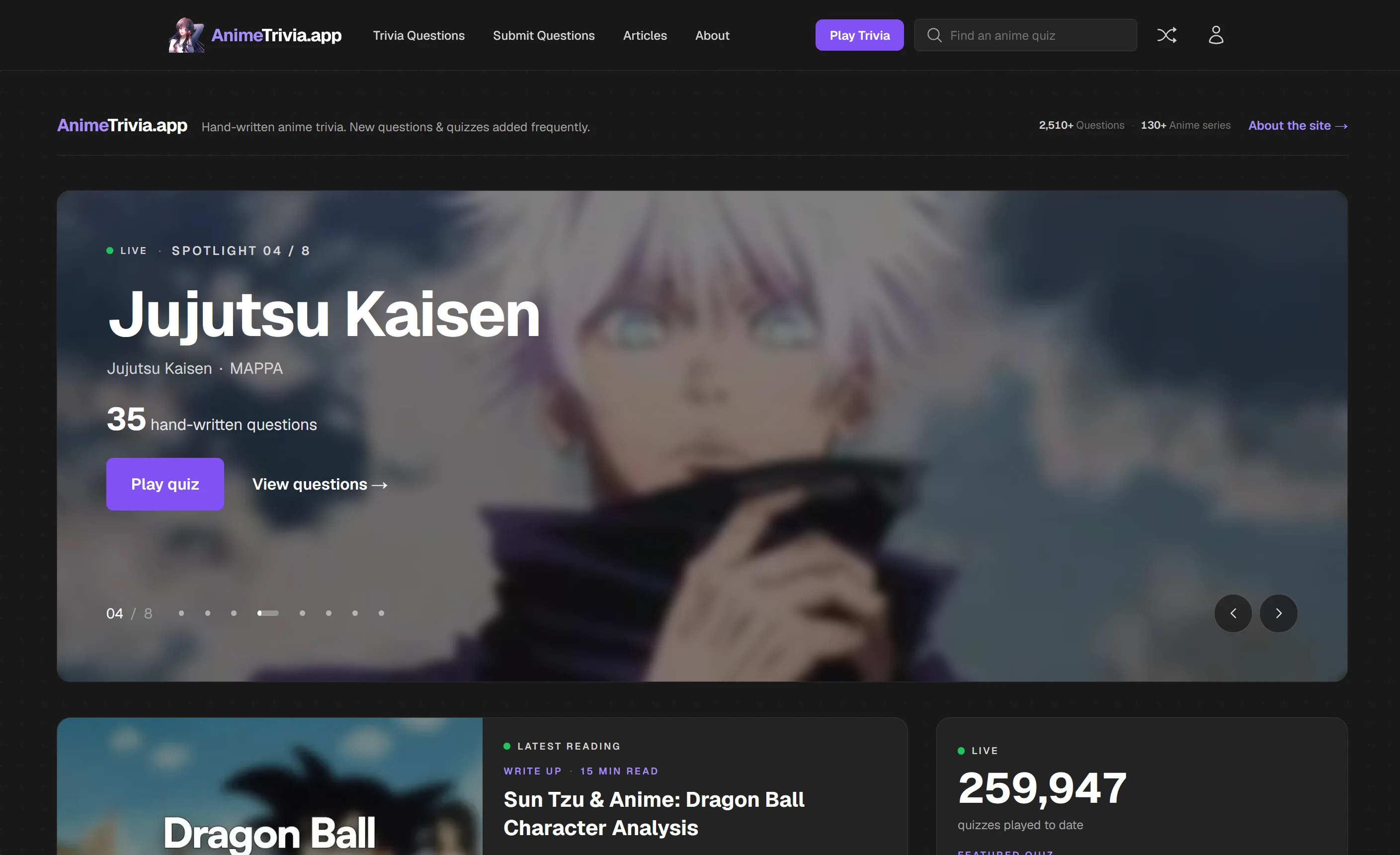 AnimeTrivia.app homepage with a featured quiz and separate Play quiz and View questions actions