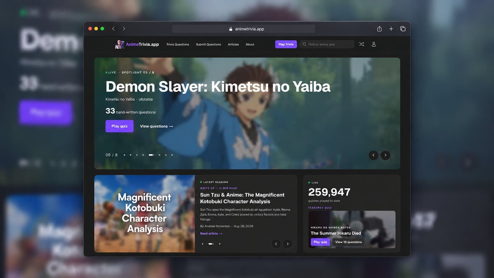 AnimeTrivia.app homepage with a featured quiz, article, and live play counter