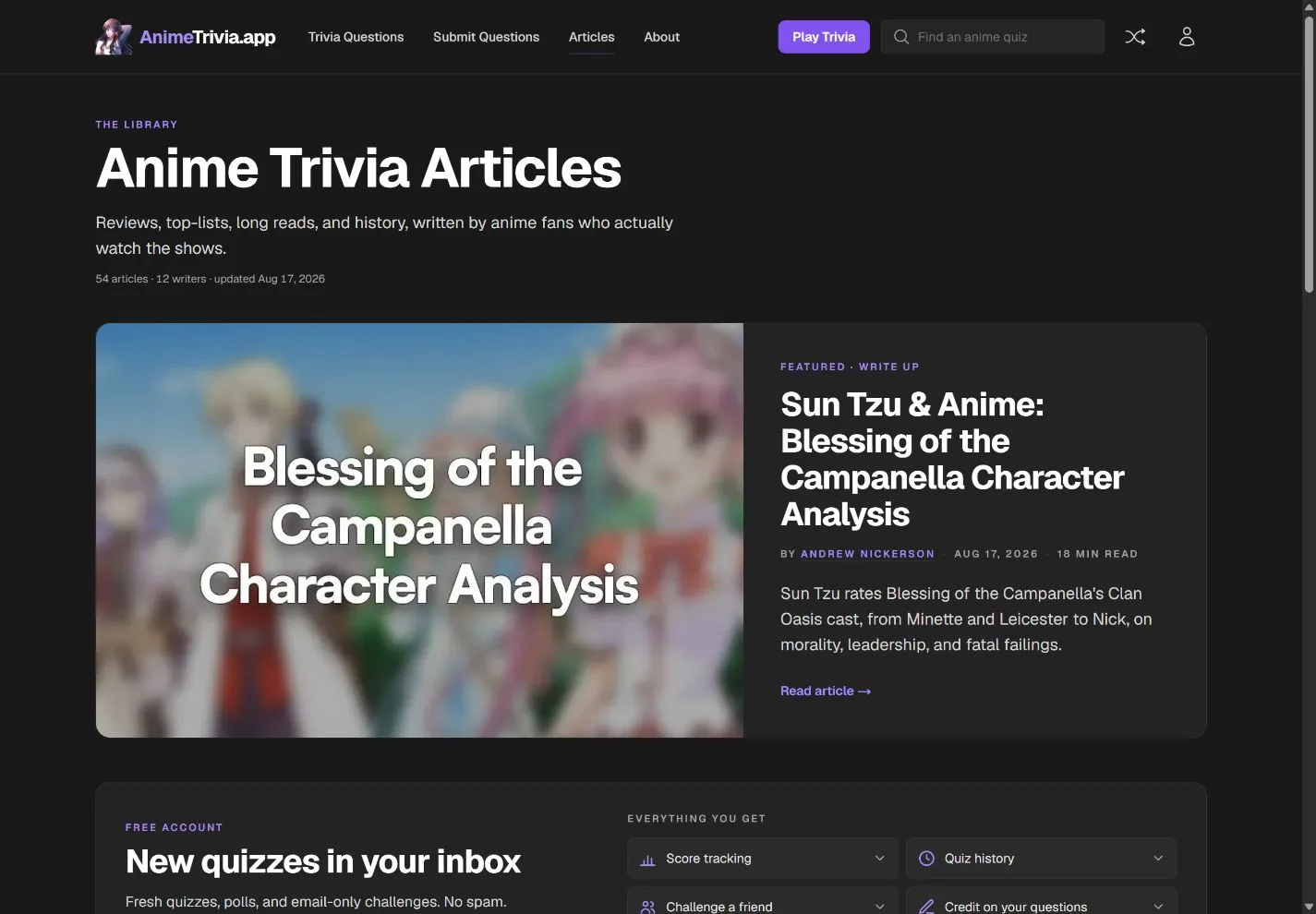 AnimeTrivia.app articles page showing a lead story, story cards, authors, and reading times