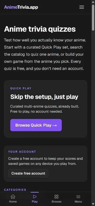 Mobile AnimeTrivia.app quiz discovery page showing Quick Play and account guidance