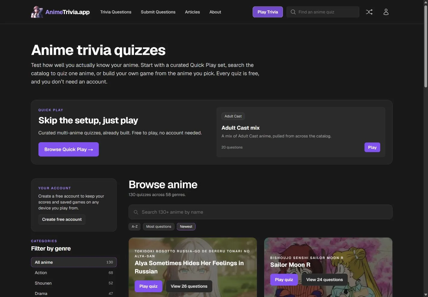 AnimeTrivia.app quiz discovery page with Quick Play, genre filters, Build a game, saved games, and anime search