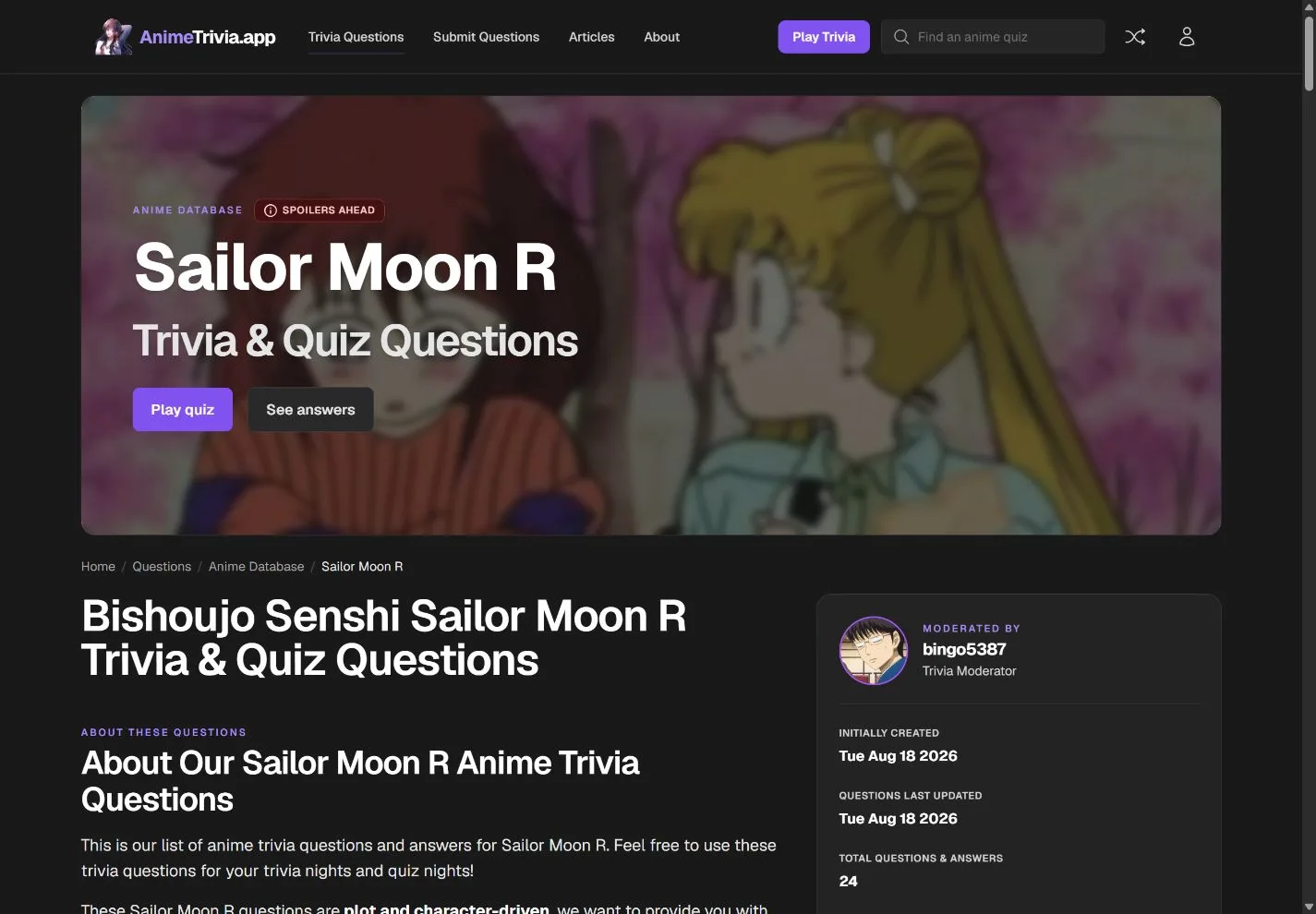 Sailor Moon R question database page with Play quiz and See answers actions