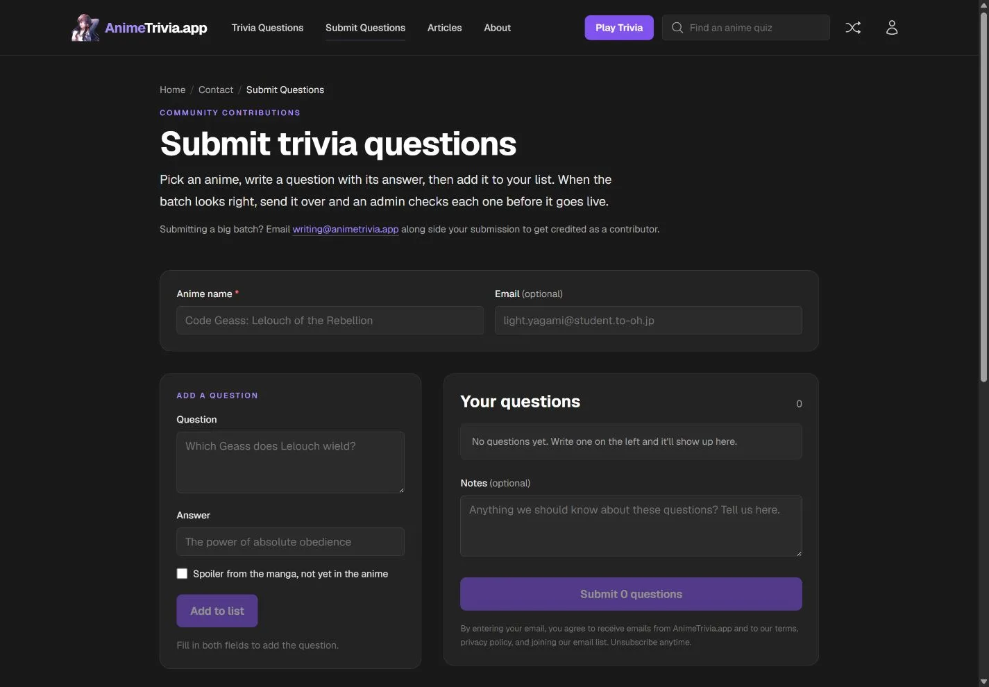 AnimeTrivia.app community question submission form with guidance for contributors