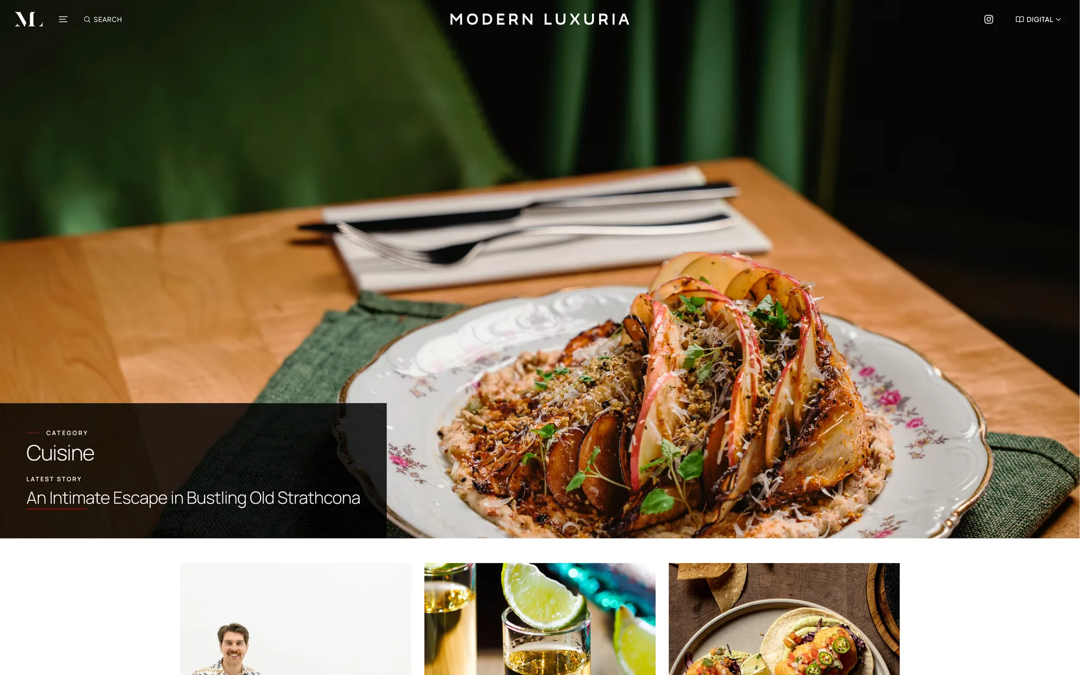 Modern Luxuria article index with a large lead story and aligned editorial cards