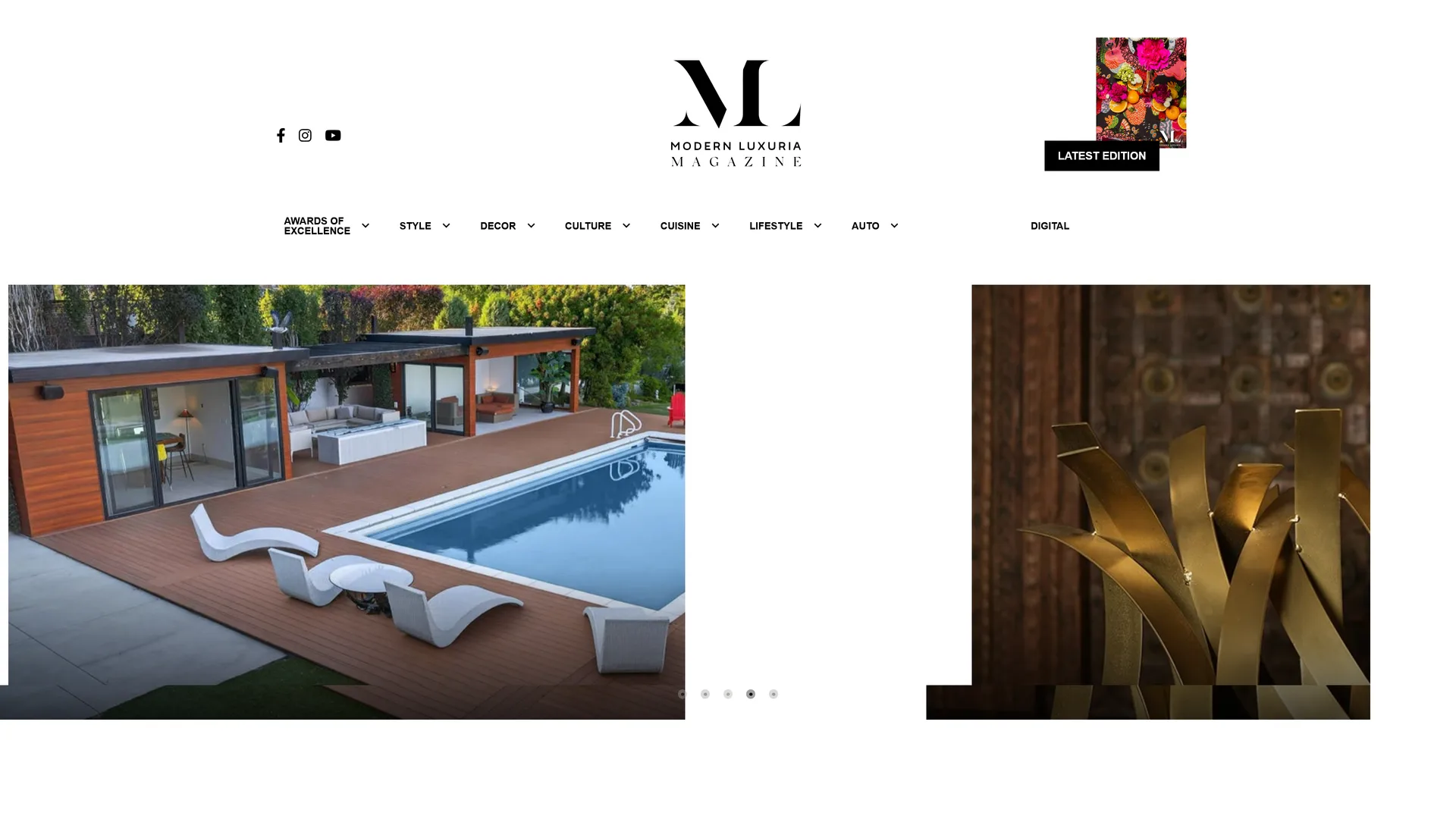 Previous Modern Luxuria homepage with a white header, two feature panels, and category navigation