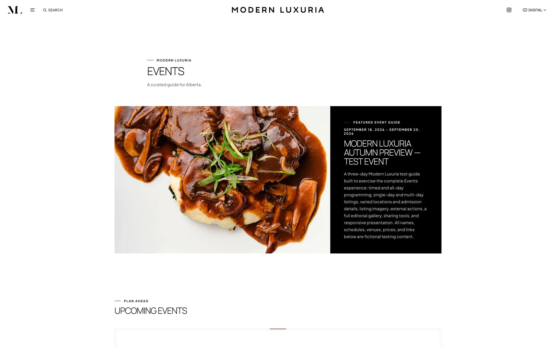 Modern Luxuria event listing with large photography, event dates, and concise information