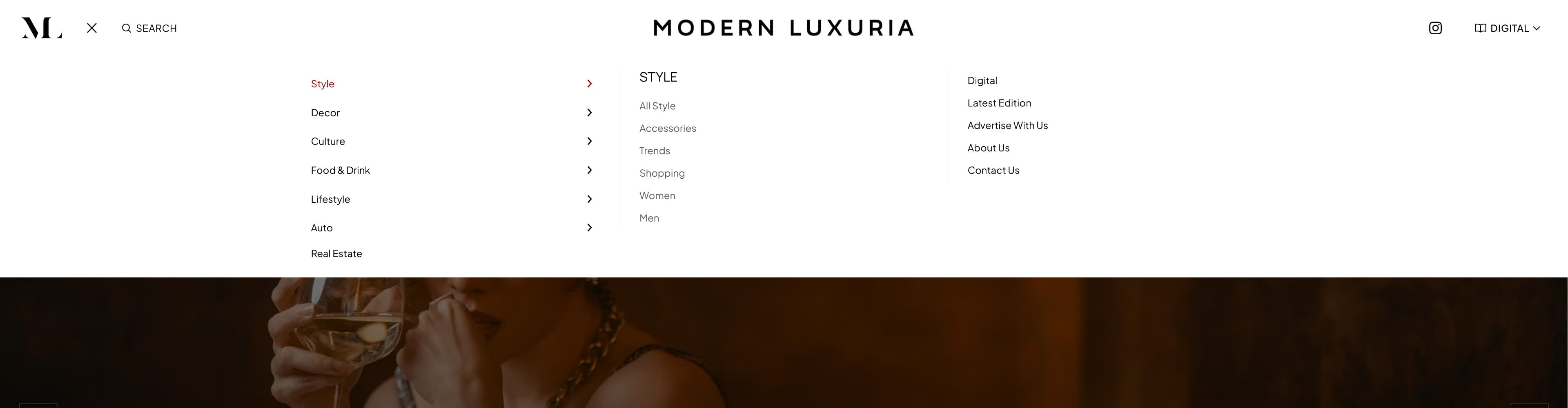 Modern Luxuria hamburger mega-navigation with editorial categories, contact links, and a latest-edition cover