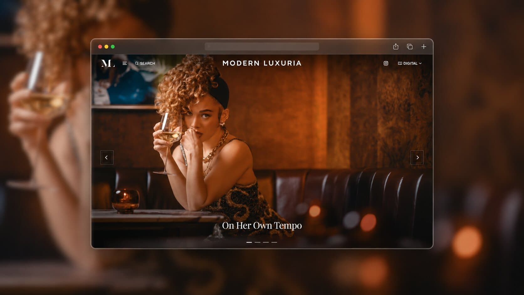Modern Luxuria website displayed in a browser mockup featuring the On Her Own Tempo editorial cover