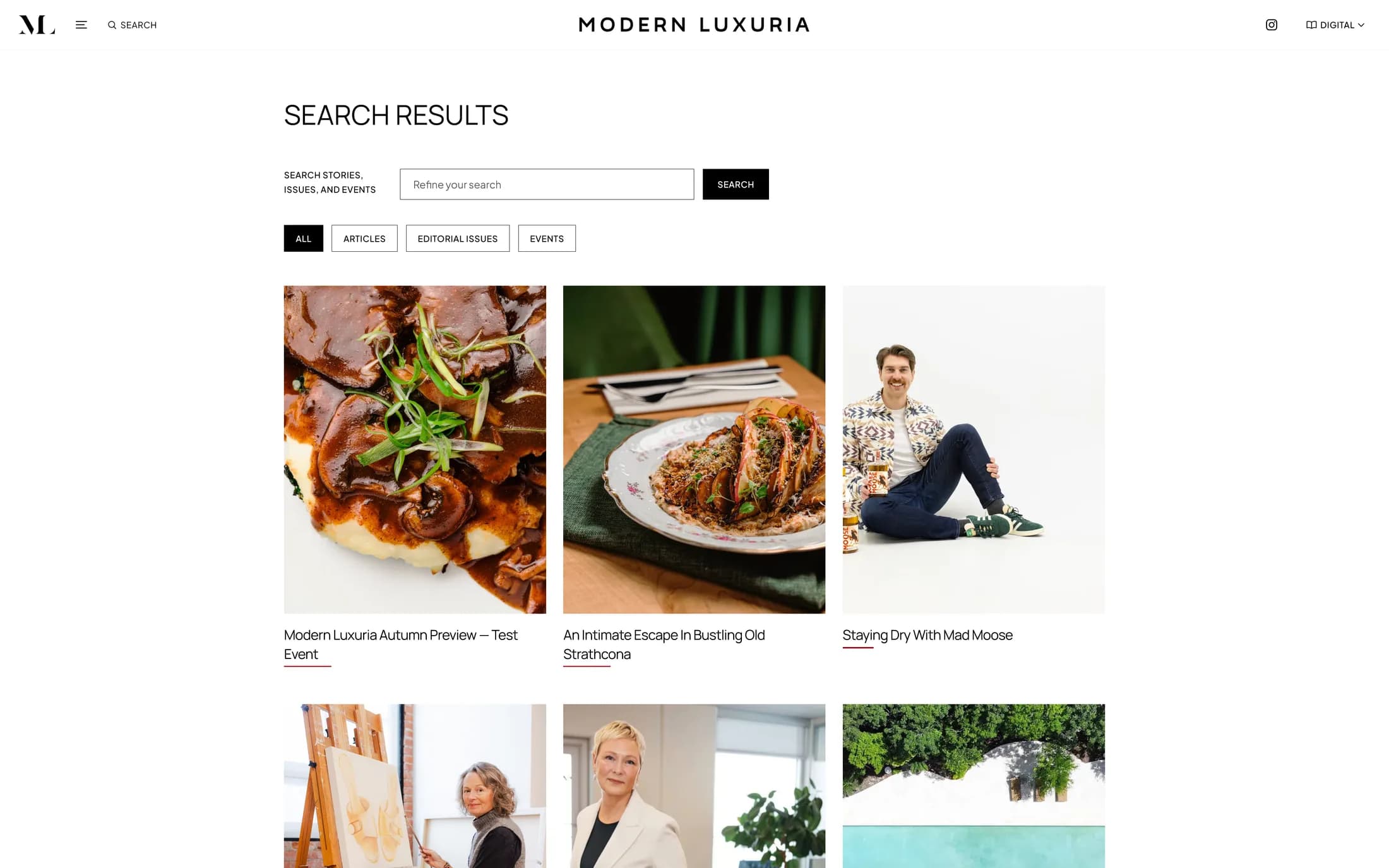 Modern Luxuria search results page with a keyword field, filters, and editorial result cards