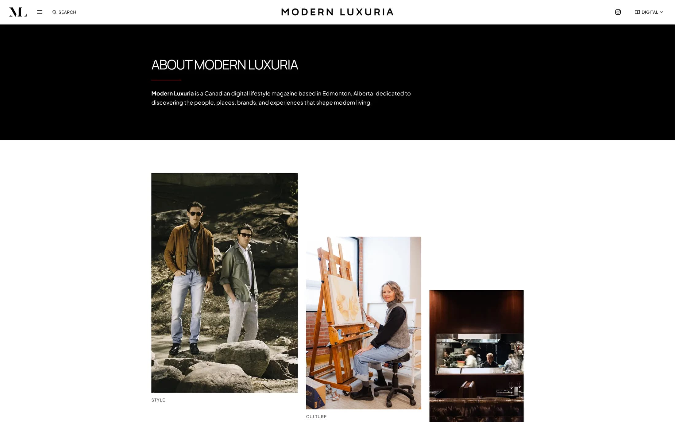 Modern Luxuria About page with a monochrome editorial portrait and publication introduction