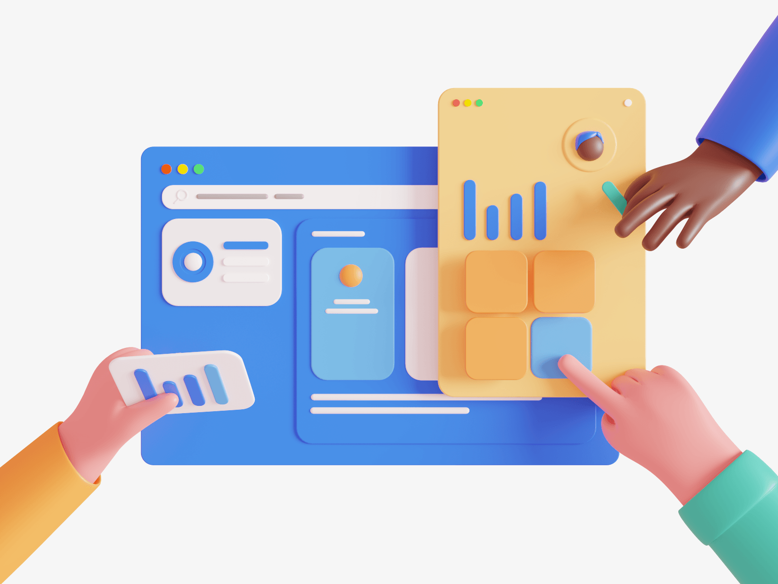 Animated hands building a dashboard layout