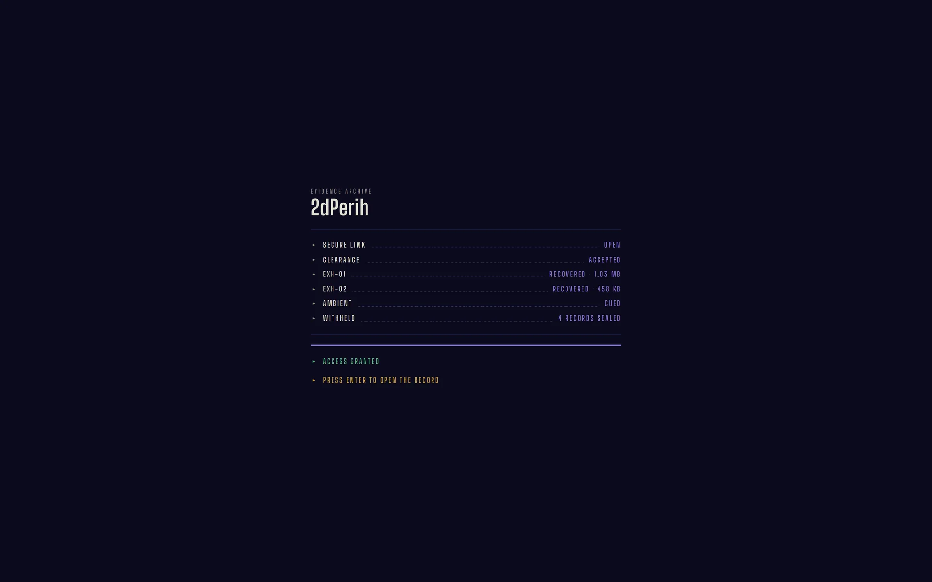 The 2dPerih boot console with its log lines resolved, a progress bar, access granted, and an entry prompt