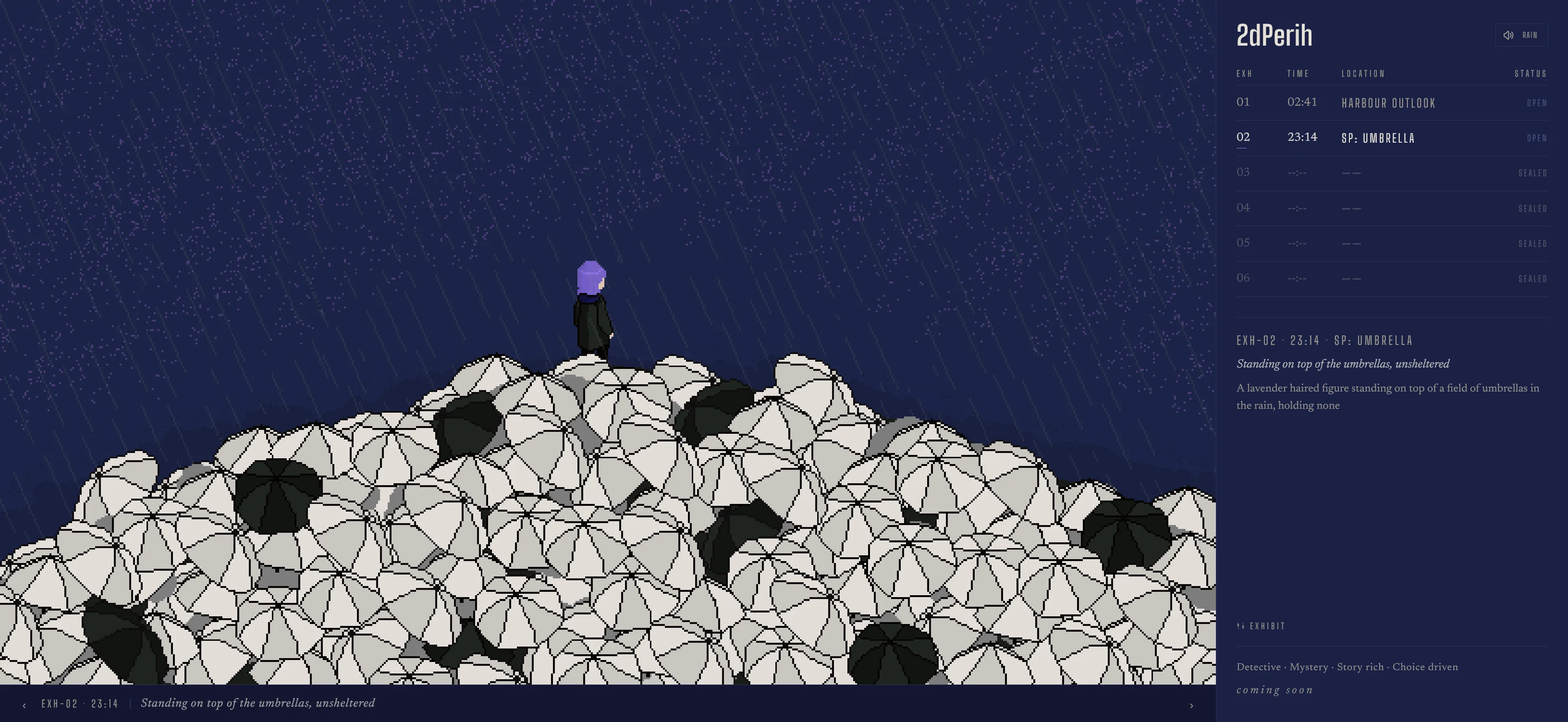 The 2dPerih site showing exhibit EXH-02, a figure standing on a field of umbrellas in the rain, in the same frame as EXH-01