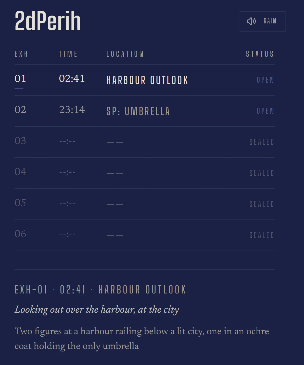 Detail of the 2dPerih exhibit table: rows 01 and 02 marked open with times and locations, rows 03 to 06 marked sealed